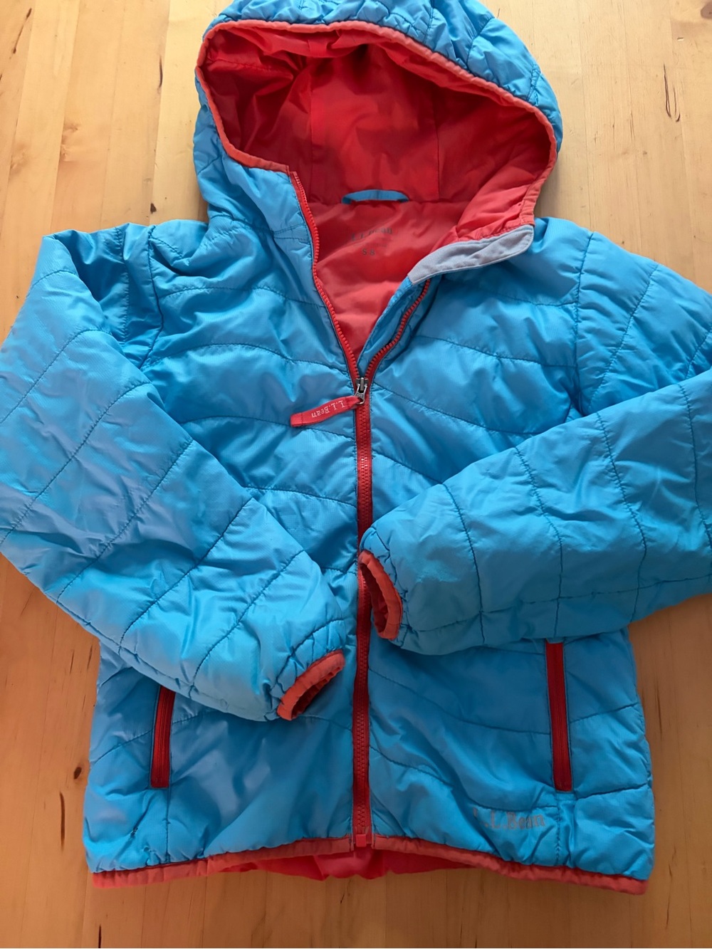 L.L. Bean Kids Blue Puffer Jacket with Orange Lining